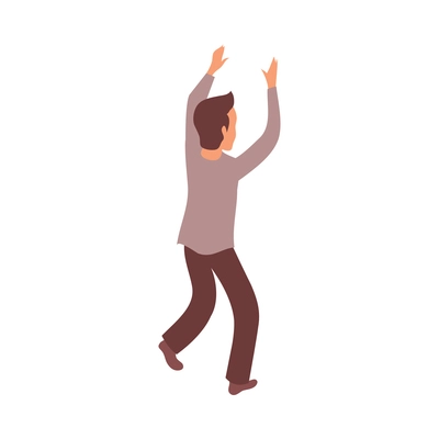 Protest meeting isometric composition with characters of man raising hands up vector illustration