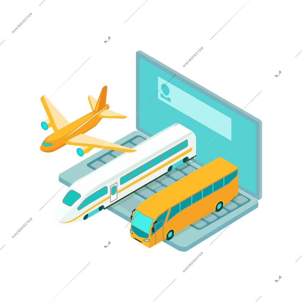 Isometric travel booking transport hotel composition with laptop and images of bus train and airplane vector illustration
