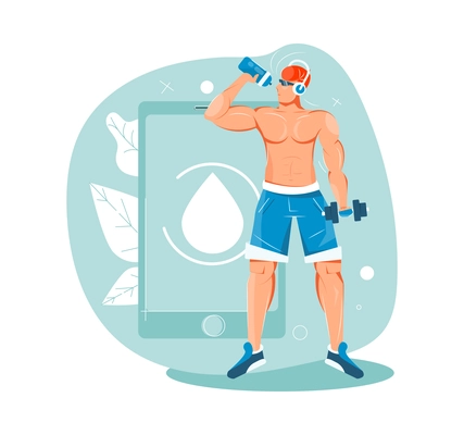 Sport people composition with doodle character of man practicing with barbells with tablet app vector illustration