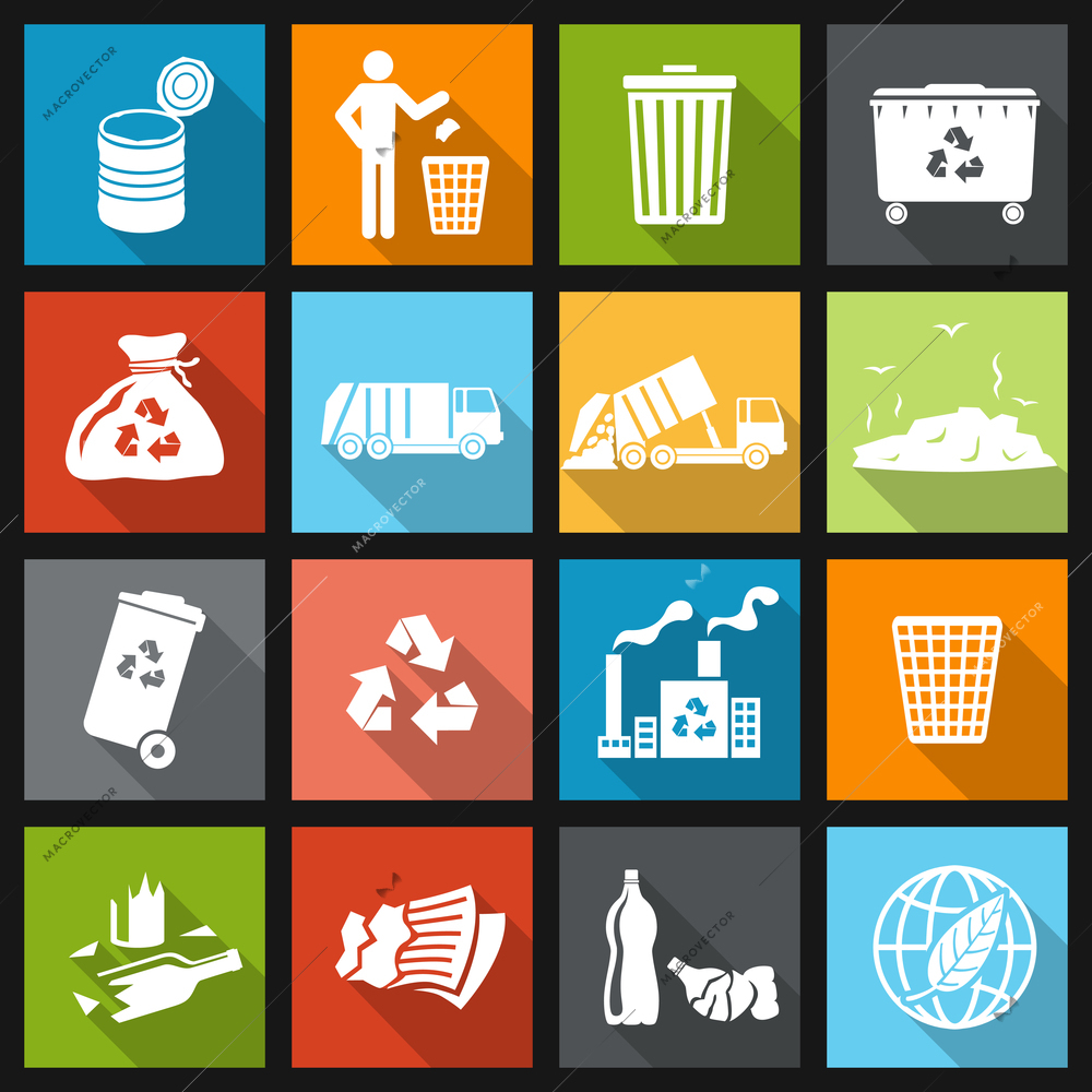 Garbage recycling icons flat set of trash bin bottle litter isolated vector illustration