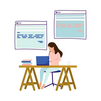 People with gadgets flat composition with female character working at table with computer windows vector illustration