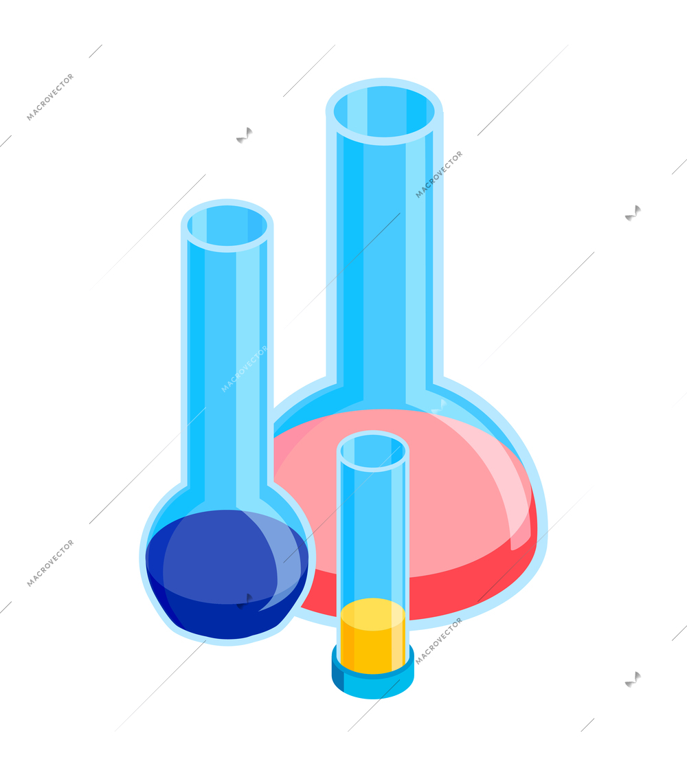 Isometric water purification technology composition with images of glass flasks with colorful liquids vector illustration