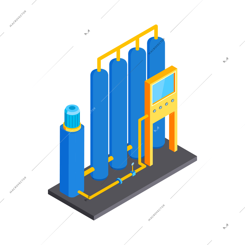 Isometric water purification technology composition with water purification system with tubes and columns vector illustration