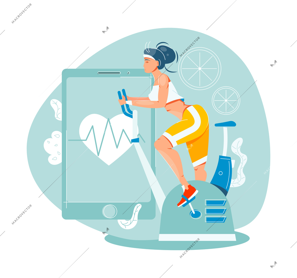 Sport people composition with doodle character of girl practicing on exercycle with tablet app vector illustration