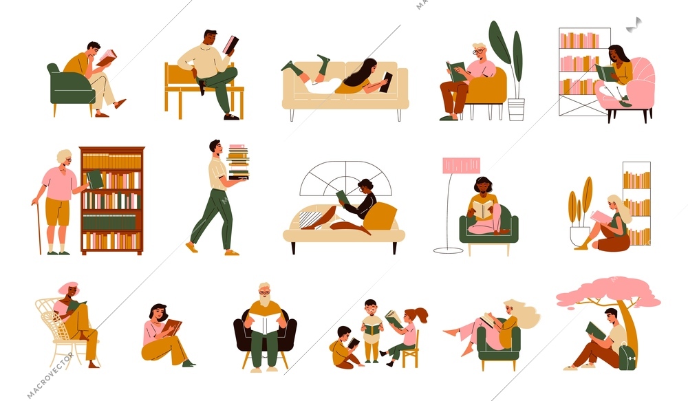 People reading books in various places flat icons set isolated on white background vector illustration