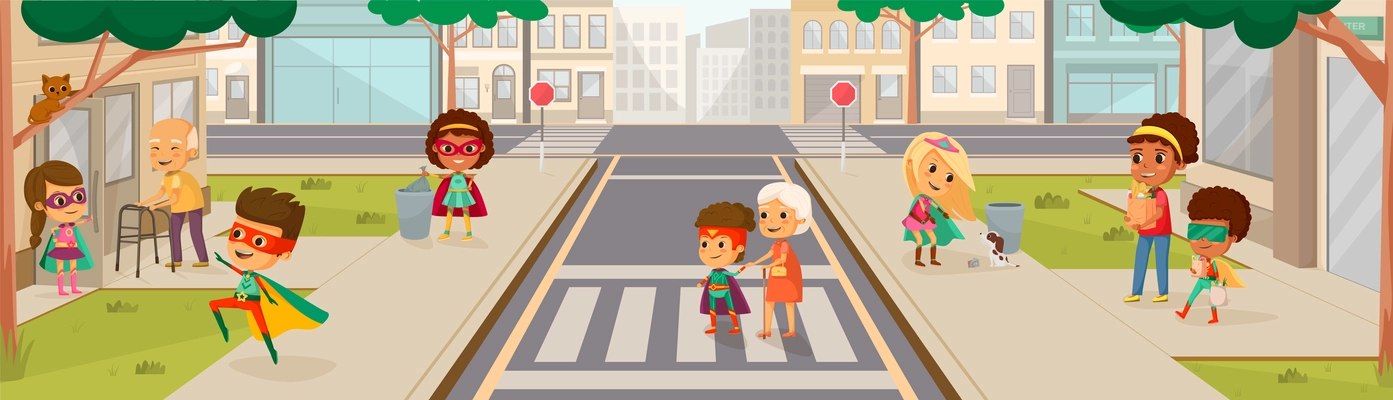 Kids superheroes cartoon colored composition with children in superhero costumes walk the streets of the city vector illustration