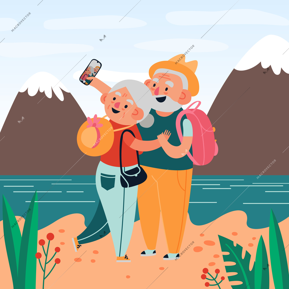 Elderly people are photographed on the beach against the background of mountains and the river travel vector illustration flat