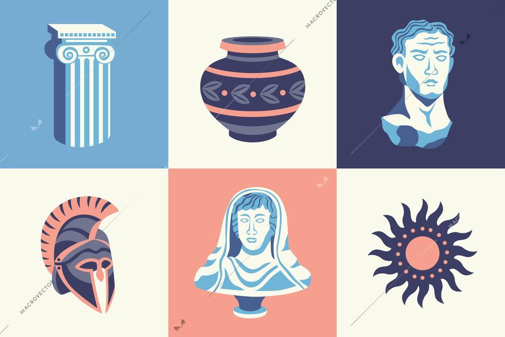 Antique statues design concept with square compositions of ancient pillars and helmets with portrait sculpture images vector illustration