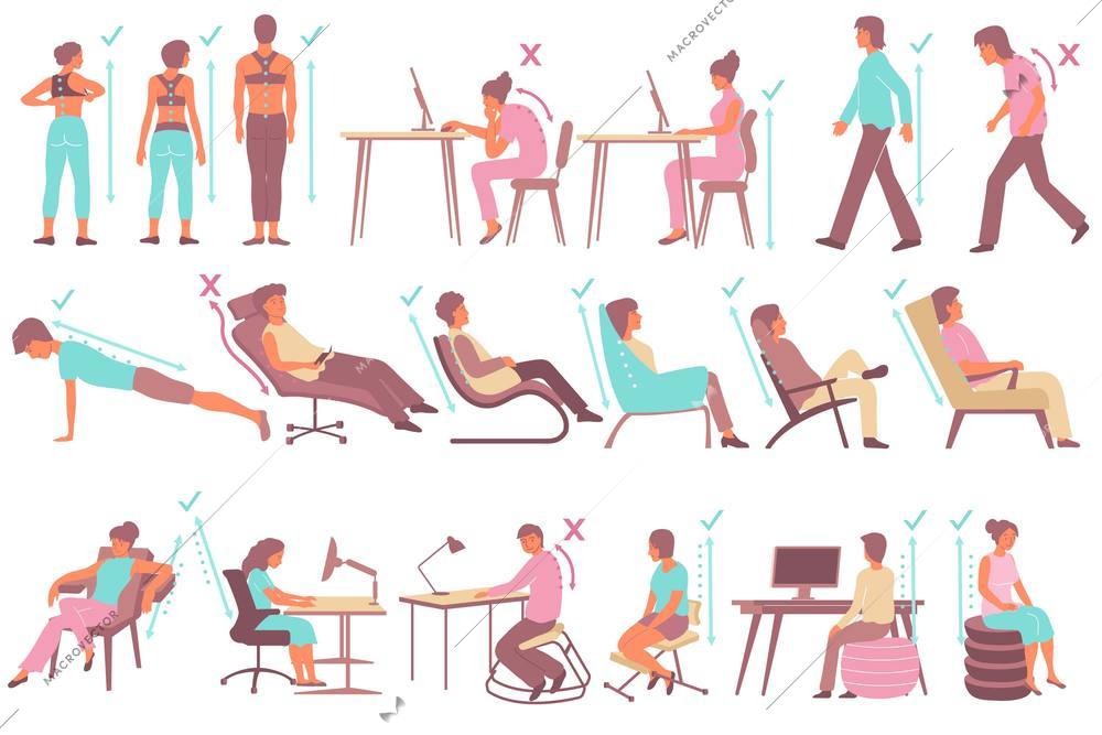 Flat set with people demonstrating correct and incorrect postures while walking sitting exercising isolated vector illustration