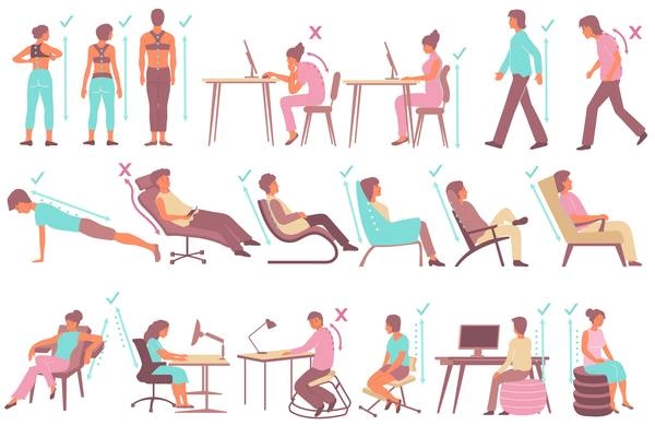 Flat set with people demonstrating correct and incorrect postures while walking sitting exercising isolated vector illustration