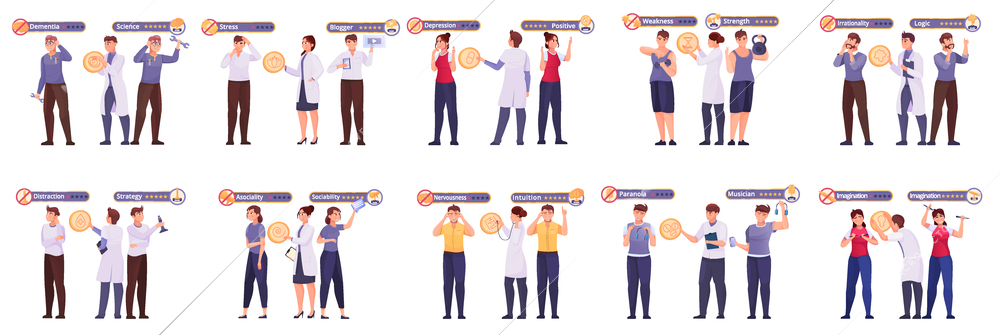 Mental health care flat set with doctors providing psychological care to people with mental disorders vector illustration