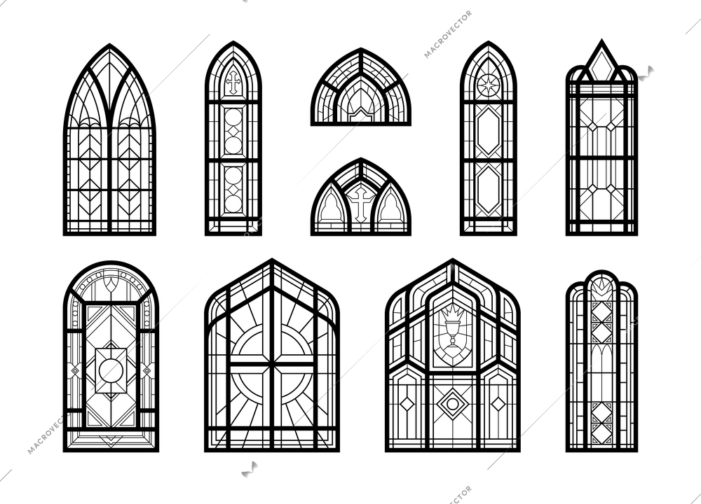 Black and white vertical church mosaic stained glass windows flat vector illustration