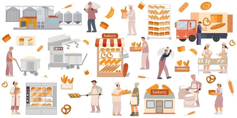 Bakery production stages and flying pretzels set isolated flat vector illustration