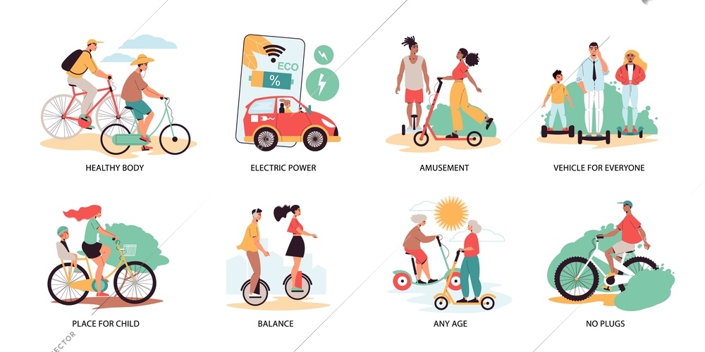 Eco transport isolated compositions with any age people riding on bicycle gyro segway kick scooter flat vector illustration