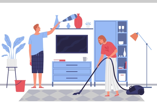 The guy and the girl are cleaning the apartment together flat vector illustration