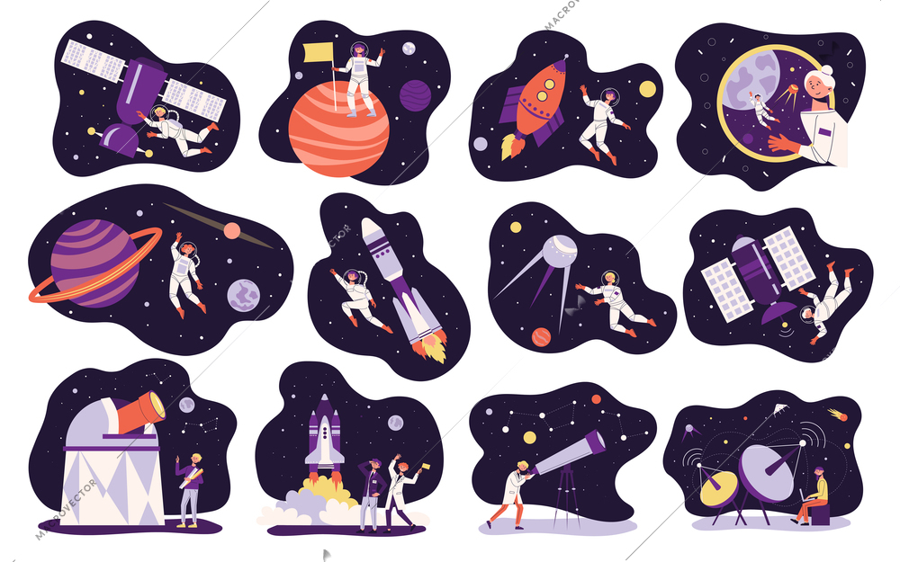 Astronomy space people icon set people in space next to rocket at satellite on Mars looking through telescope vector illustration