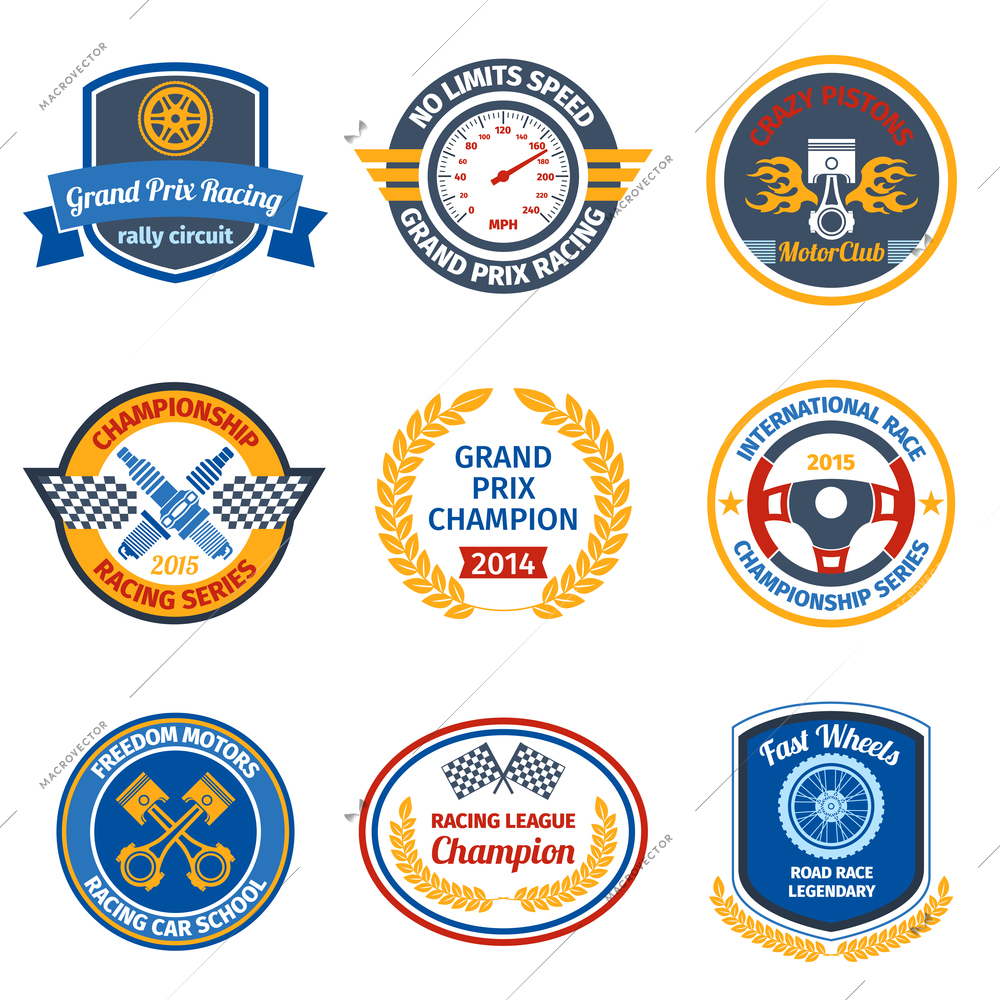 Championship international racing series gran prix champion colored emblems set isolated vector illustration