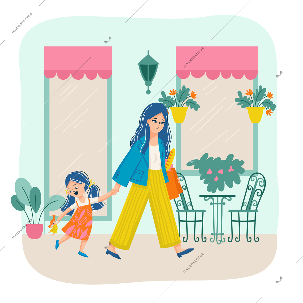 Mother and daughter shopping composition with view of walking woman with little girl held by hand vector illustration