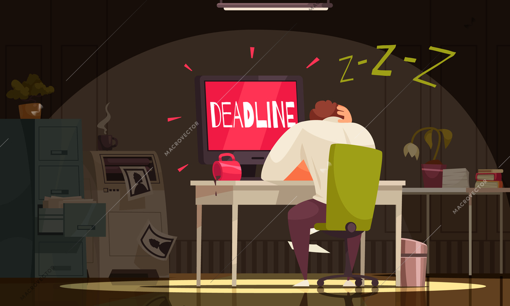 Professional burnout background with crisis and deadline symbols flat vector illustration