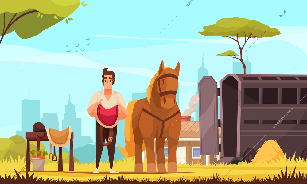 Horse riding background with sport and entertainment symbols flat vector illustration