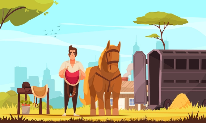 Horse riding background with sport and entertainment symbols flat vector illustration