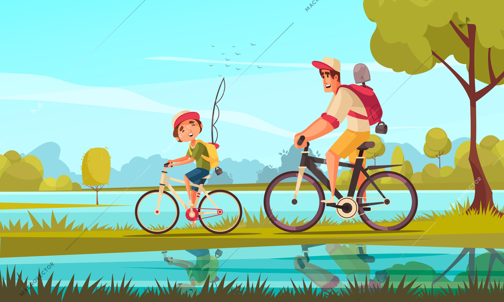 Cycle family background with sport and activity symbols flat vector illustration