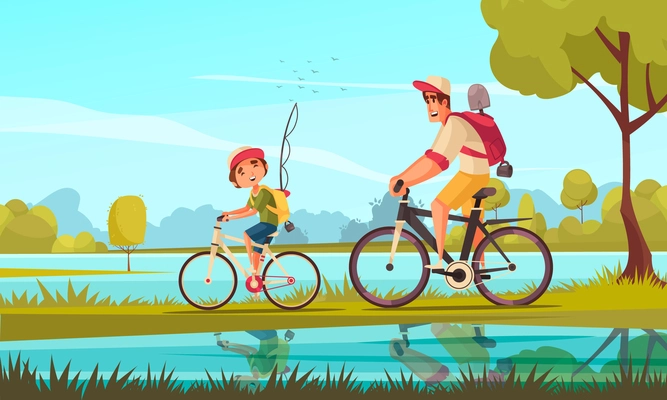 Cycle family background with sport and activity symbols flat vector illustration