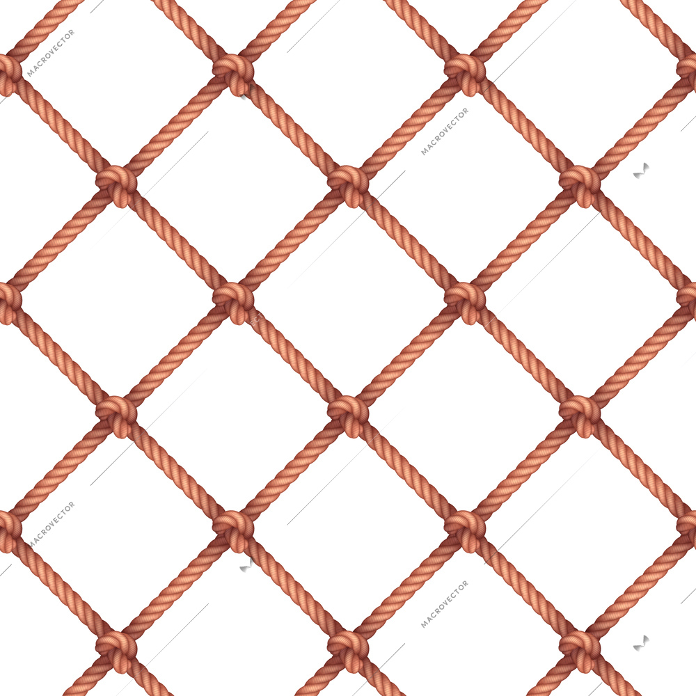 Rope cord knots vertical diamond rhombus realistic fishing net lattice pattern on white background decorative vector illustration