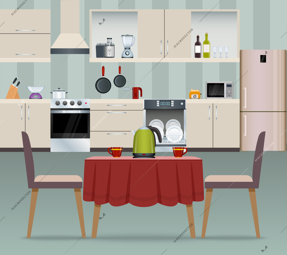 Kitchen interior modern home food cooking and dining room realistic poster vector illustration