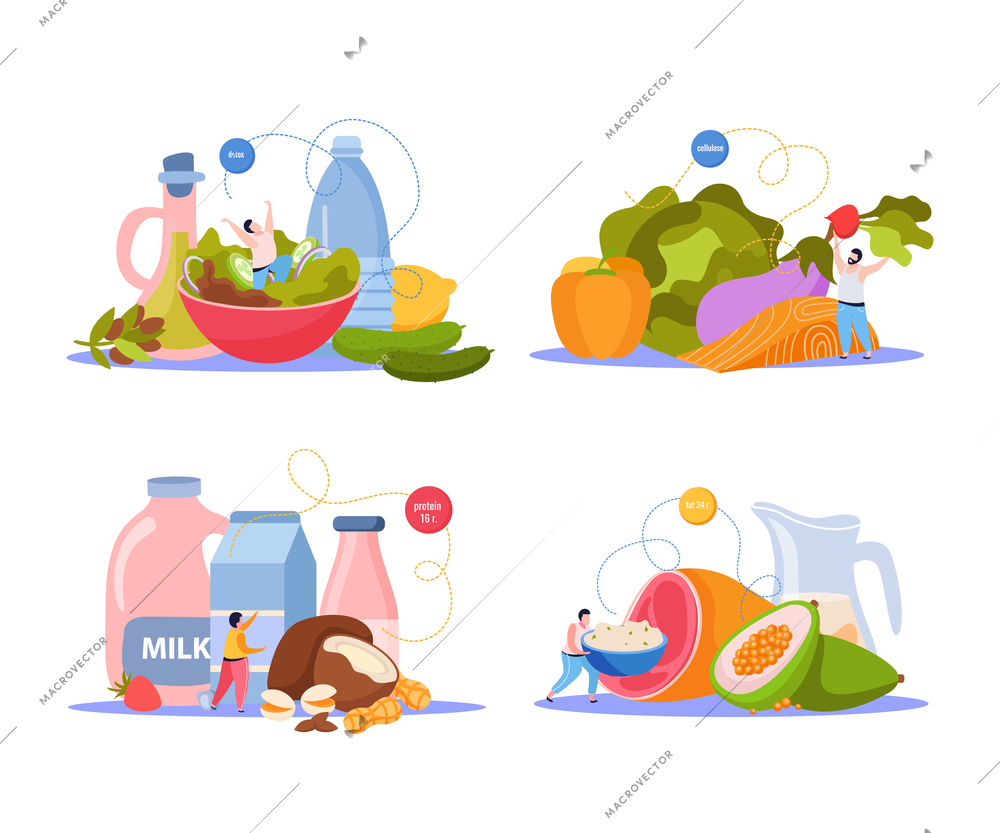 Ketogenic diet flat set of isolated compositions with olive oil cheese vegetables milk products and avocado vector illustration