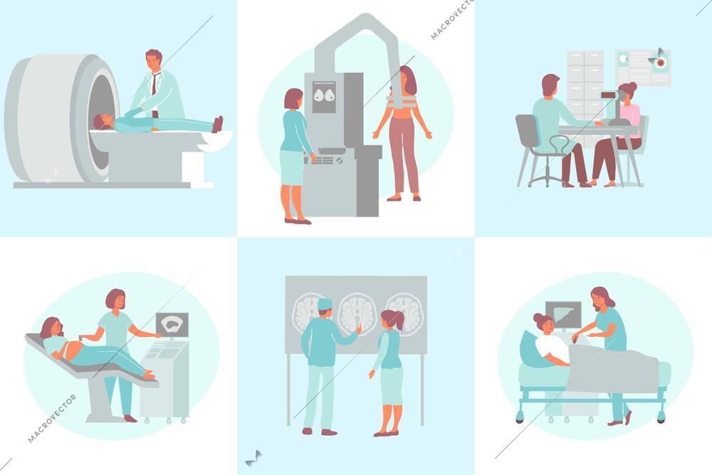 Medical diagnostic design concept with set of six flat compositions with patients and doctors human characters vector illustration