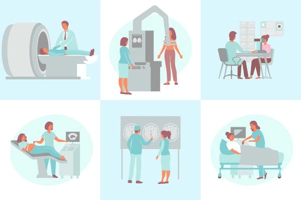 Medical diagnostic design concept with set of six flat compositions with patients and doctors human characters vector illustration