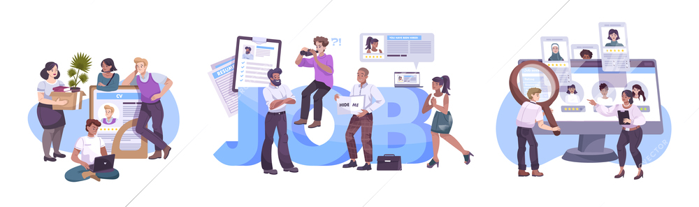 Flat recruitment set of three compositions with people looking for job isolated vector illustration