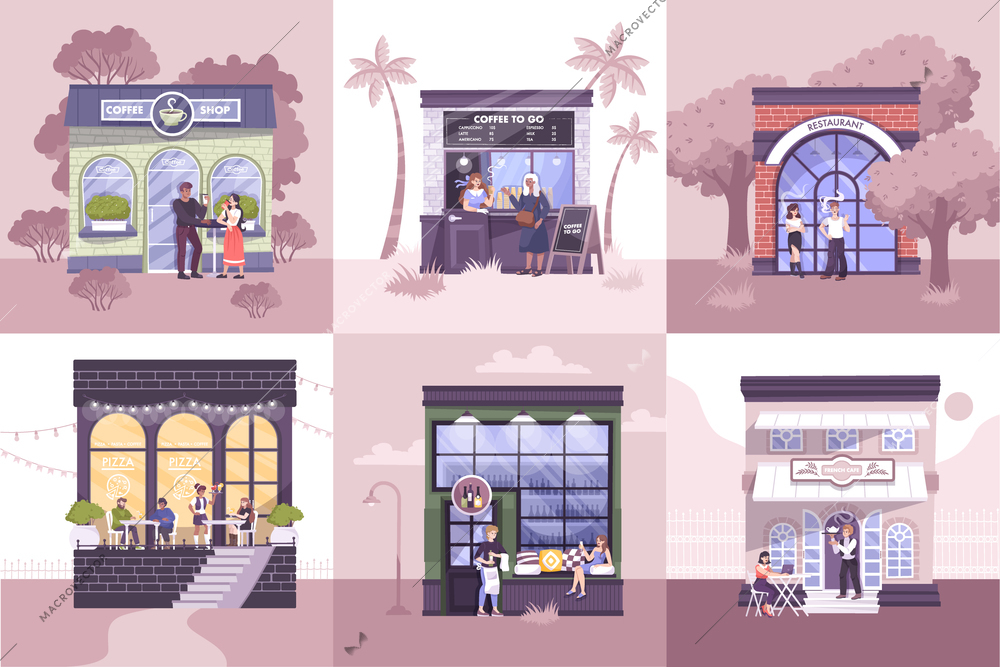 Set of six flat compositions with facade of various commercial buildings and people eating drinking smoking outdoors isolated vector illustration