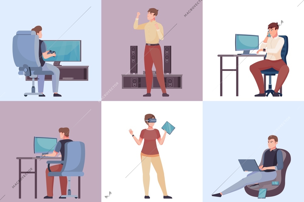 Home electronic six square compositions set of people working with pc speaking by phone gaming with vr glasses vector illustration