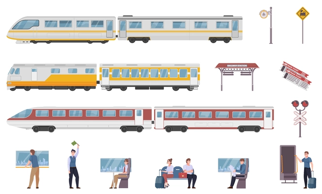 Rail transport flat set of passengers modern trains elements of railway station semaphore tickets and road signs isolated vector illustration