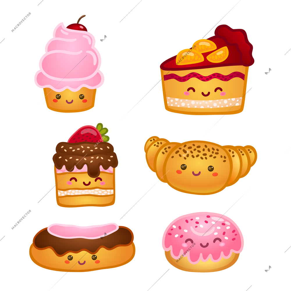 Collection of sweet pastries croissant cake and pie isolated vector illustration