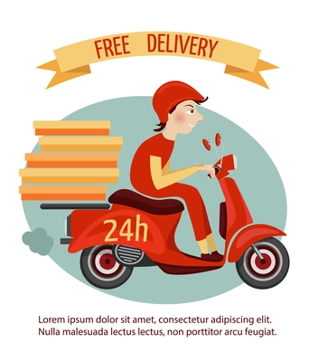 Delivery courier on retro scooter with boxes fast 24h service poster vector illustration
