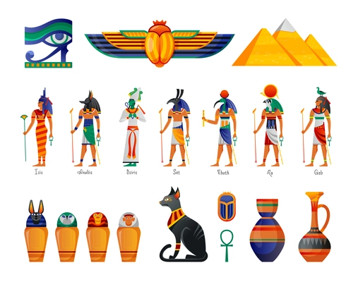 Ancient egypt gods pyramids mummies pottery horus eye protective symbol scarab beetle amulet worshiped cat set vector illustration