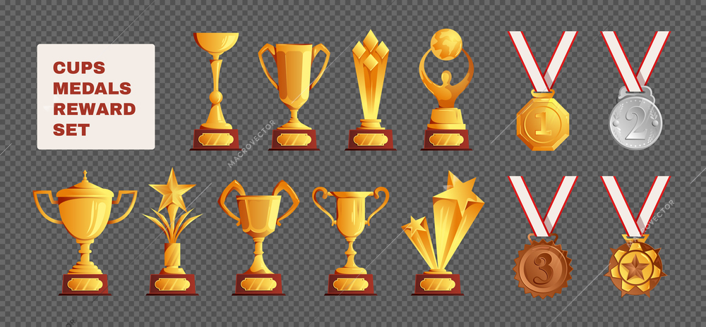 Competitions championships winner prizes trophies cups gold silver bronze medals awards rewards set transparent background vector composition