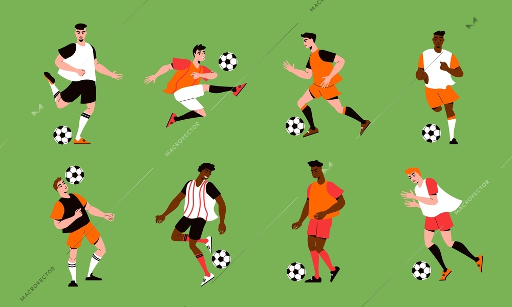 Flat set with men playing football isolated on green background vector illustration