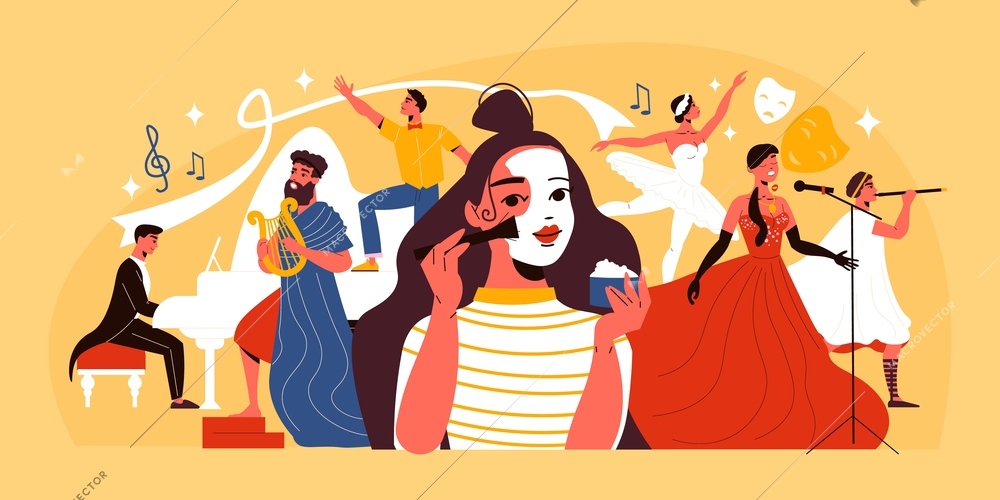 Theatre actress applying theatrical makeup musicians dancers and singers on yellow background flat vector illustration