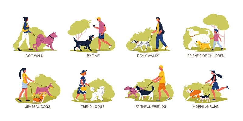 Dog breeds flat compositions with people walking their poodle spitz malamute dalmatian afghan hound husky doberman and others isolated vector illustration
