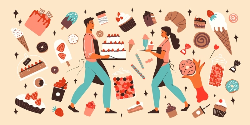 Confectionery big set with flat ice cream candies pastry cakes berries coffee and two human characters of waiters isolated vector illustration