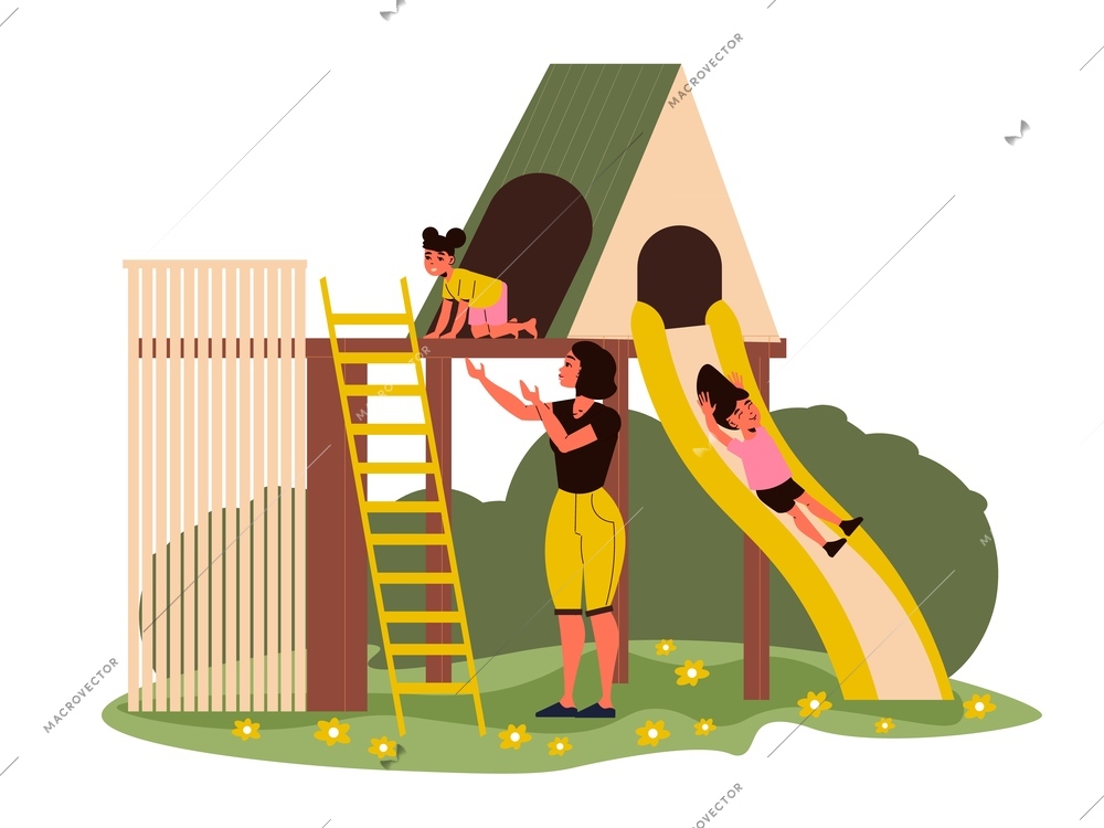 Mother and two girls sliding and climbing on kids playground flat vector illustration