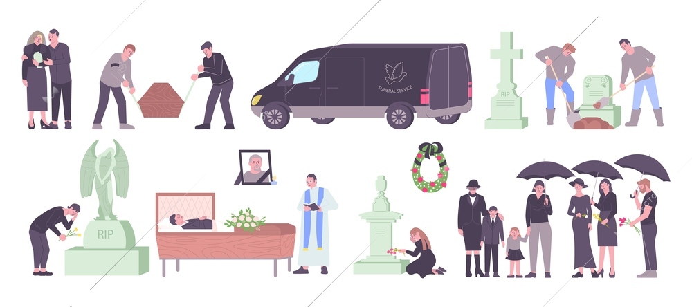 Funeral flat set with grave burial service car mourning people isolated vector illustration