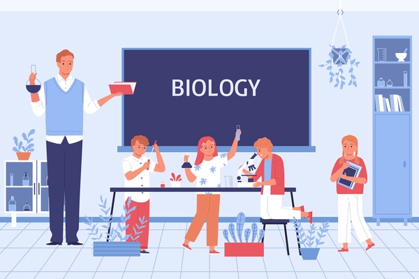 The teacher conducts laboratory work in biology with children flat vector illustration