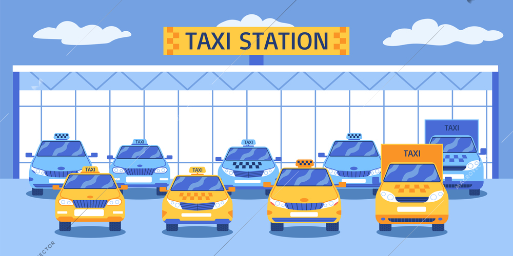 Taxi park composition with front view of automotive station building with various types of yellow cabs vector illustration