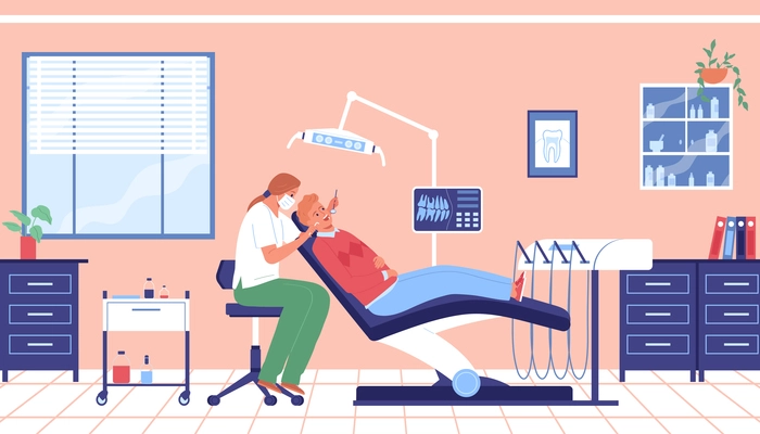 Hospital dentist composition with dental clinics interior female dental doctor with equipment and patient on chair vector illustration