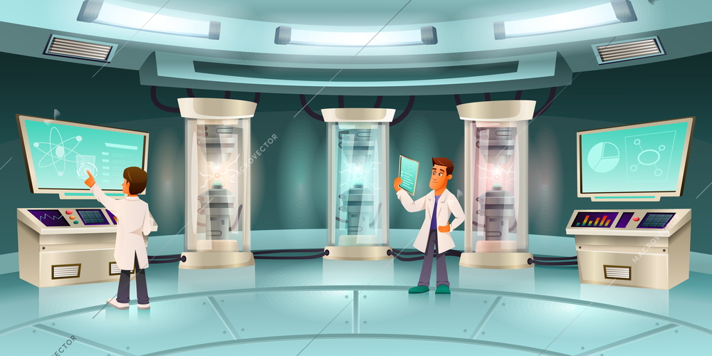 Colored cartoon scientists composition two male scientists conduct experiment and watch the results on monitors vector illustration